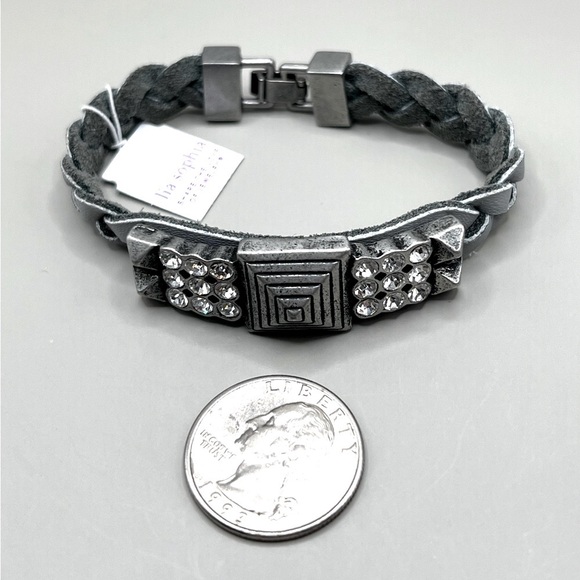NWT Lia sophia “Confidant" bracelet, gray 8” braided leather w/ cut crystals - Picture 4 of 11